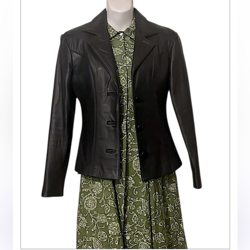 Gillian Julius Womans Black Leather Cropped Fitted Notch Collar Jacket Blazer XS
